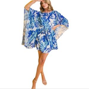 Women’s Blue Leaf Print Sash Tie Kaftan Dress NWT